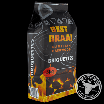 Premium braai briquettes made from Namibian hardwood at Bayside Butchery Mauritius