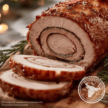 Rolled pork belly roast with crispy crackling at Bayside Butchery Mauritius